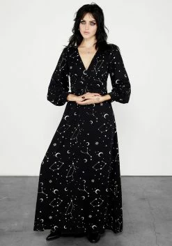 LVT1 Silver Celestial Print Gathered Maxi Dress