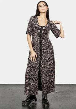 MIF1 Mycophile Mushroom Print Split Maxi Dress